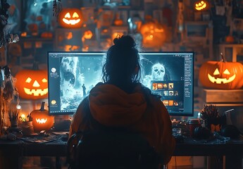 Obraz premium A Person Working at a Desk with a Computer