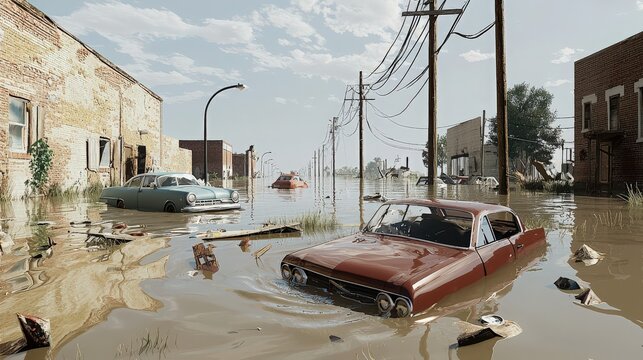 Fototapeta Abandoned flooded street with submerged vintage cars