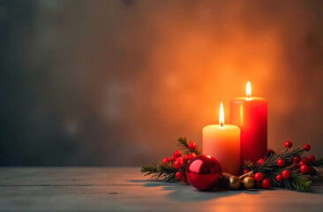 Cozy Kwanzaa setup with two glowing candles, surrounded by festive decorations including red berries, pine branches, and a red ornament, evoking warmth, unity, and holiday spirit in a soft ambiance