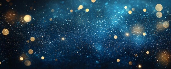 Obraz premium Hyber realistic photo of background of abstract glitter lights. blue, gold and black. de focused. banner , copy space for text,
