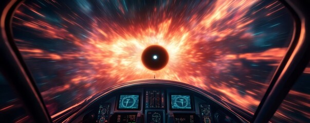 Cockpit view from a spaceship approaching a black hole, intense gravitational forces warping space