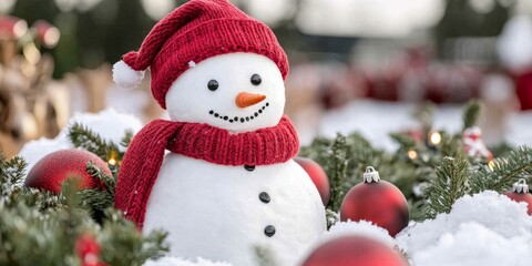 Cheerful Snowman in a Red Hat Surrounded by Christmas Decorations