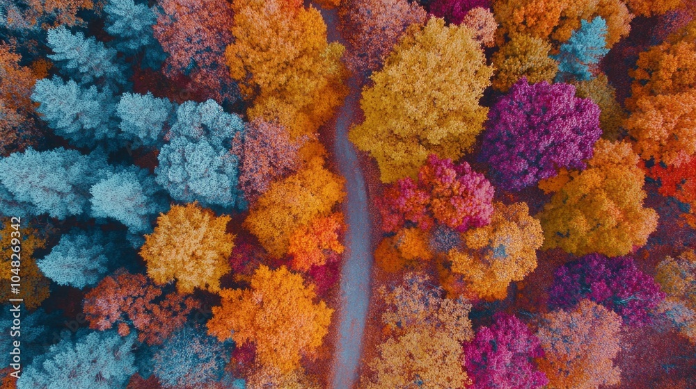 Poster A colorful forest with a road running through it