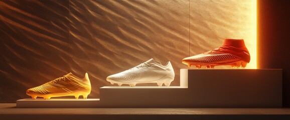 Three pairs of soccer cleats in red, white, and yellow on a raised platform in front of a textured wall.