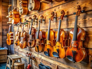 Fototapeta premium Row of Elegant Violins in a Musician Workshop with High Depth of Field