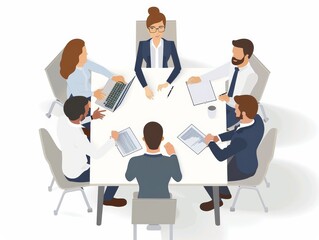 Illustration of business people sitting around a table, discussing work during a meeting in an office.