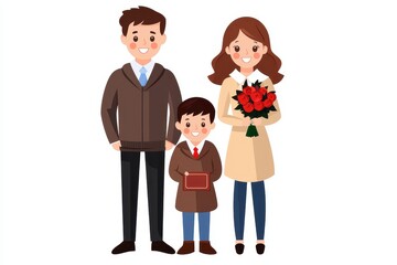 Happy family standing together with flowers, white isolate background.