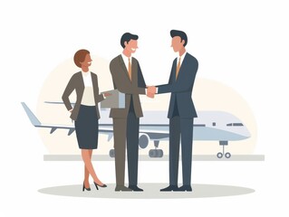 Illustration of business people stand during a meeting in a business. The two Leader standing in front of them and shake hand together in airplane transport business