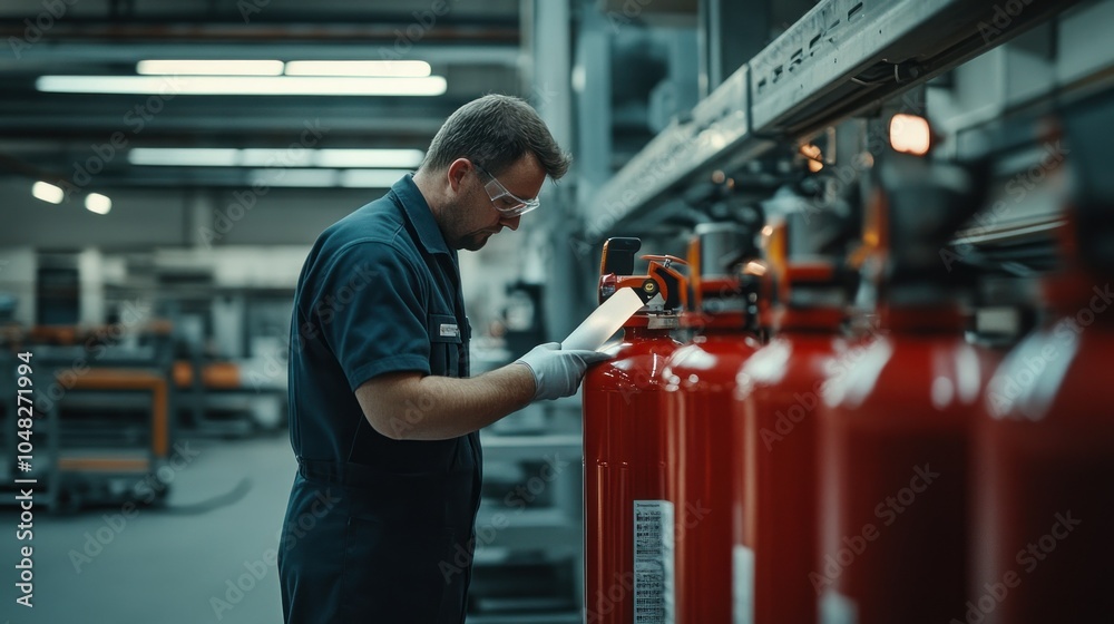 Poster a man in blue workwear inspecting red fire extinguishers in a factory setting