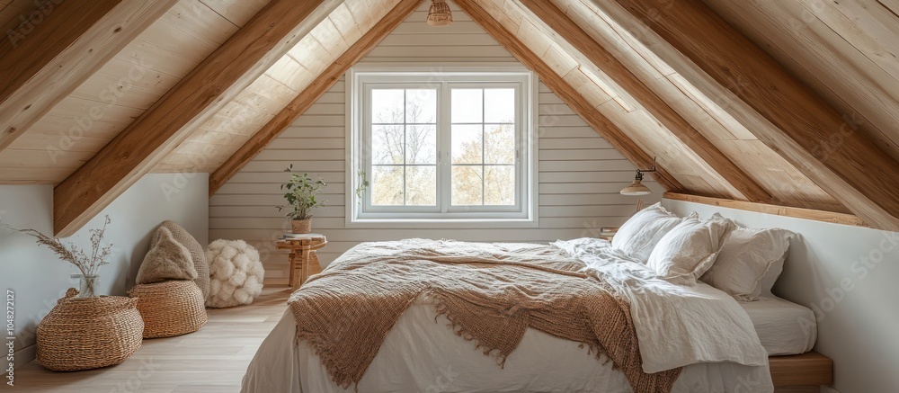 Canvas Prints Cozy Attic Bedroom with Wooden Beams