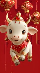 Obraz premium Festive cartoon ox with red lanterns for chinese new year celebration.