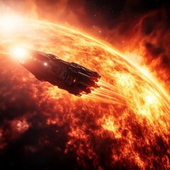 Spaceship navigating a solar flare, shields absorbing the intense radiation, crew bracing for impact, sci-fi survival simulation