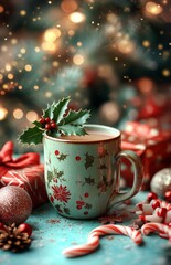 Festive Christmas Coffee Mug with Holly, Mistletoe, Candy Canes, and Gifts