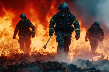 Fototapeta premium Firefighters battling intense flames, dramatic action scene, smoke and fire engulfing surroundings