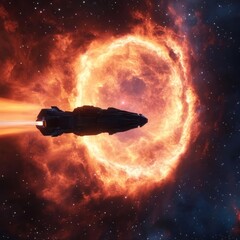 Obraz premium Spaceship passing through a nebula filled with glowing energy, plasma storms raging around, sci-fi exploration simulation