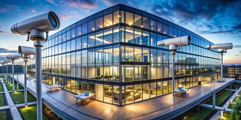 Fototapeta premium Security CCTV Camera in Modern Office Building - Panoramic View for Enhanced Surveillance