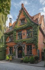 Obraz premium Historic Red Brick Building Covered in Ivy in Urban Setting