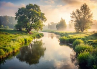 Serene Summer Foggy Morning in Rural Woodland with Misty Creek and Alder Trees