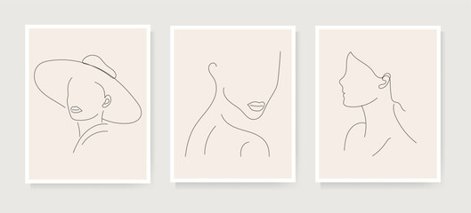 Set of minimalist women face portrait. Female linear design. Modern abstract one line art style. Good for poster, wall art, print, cover design. Editable stroke