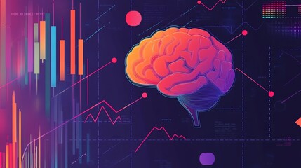 Blacklightcolored neuron brain, arrow, geometric stock market and finance trends, flat design illustration