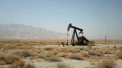Naklejka premium Oil Pump Jack in a Desert Landscape with Mountains in the Background