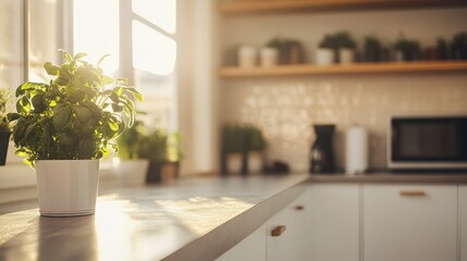 A modern kitchen in a luxury apartment, equipped with smart appliances and touch controls. Bright space with room for text at the bottom.