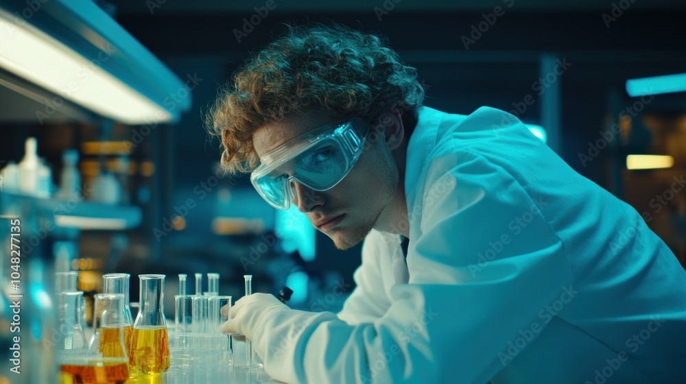 Poster a scientist in a lab coat performing an experiment with chemicals