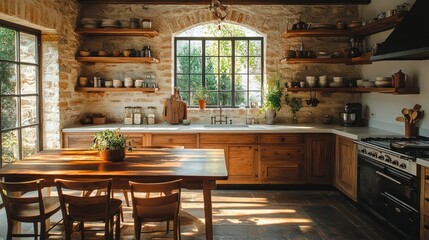Rustic kitchen with wooden cabinets, stone walls, and a large window overlooking a green garden.