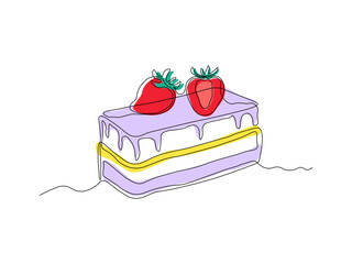 piece of dessert , cake with berries. continuous single line art drawing sketch, logo