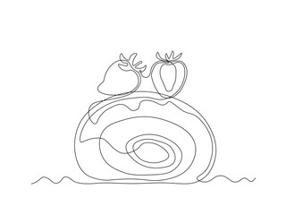piece of dessert , cake, roll with berries. continuous single line art drawing sketch, logo