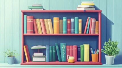 An orderly bookshelf with colorful books and neatly arranged stationery, ideal for showcasing educational and study resources