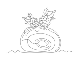 piece of dessert , cake, roll with berries. continuous single line art drawing sketch, logo