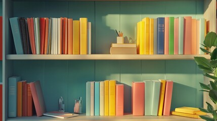 An organized bookshelf filled with colorful textbooks and neatly arranged stationery, ideal for promoting educational and study services