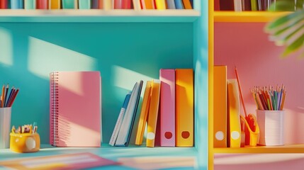 Colorful textbooks and organized stationery on a tidy shelf, ideal for promoting educational resources and study spaces