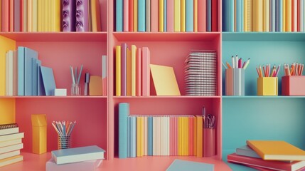 Bright textbooks and stationery neatly placed on a bookshelf, perfect for promoting educational services and a study-friendly space