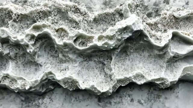 A close-up of a rough, white surface resembling a mountain range, taken with a microscope