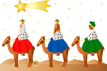Tres reyes magos con camellos siguiendo estrella fugaz