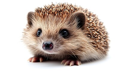 Obraz premium Closeup portrait shot of a curious and adorable hedgehog with its distinctive spiky fur and prickly quills against a clean white background.