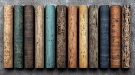 A collection of wooden cylinders in diverse colors and grain textures, displaying natural wood variations for design or material inspiration.
