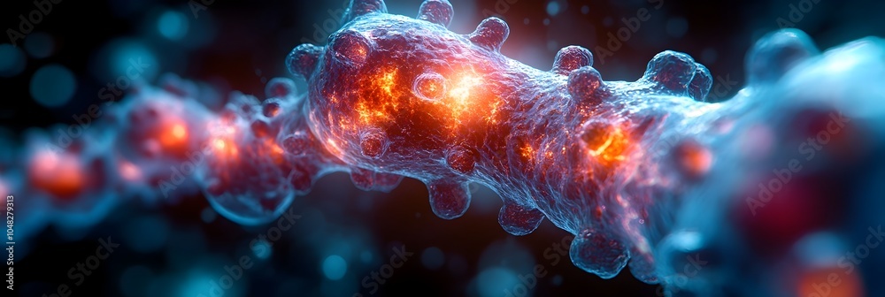 Poster Conceptual 3D depicting glowing,abstract molecular structures or virus cells surrounded by dynamic,fluid-like energy in motion. The image represents cutting-edge science,technology.