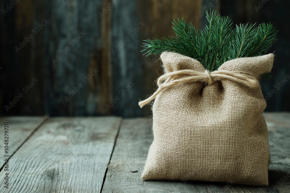 Wall mural Mockup of a burlap sack with pine branches tied with twine, set on a rustic wooden background, natural Christmas decor, copy space, selective focus

