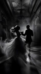 A couple dancing tango, ghostly and ethereal figures swirling around them in the darkness