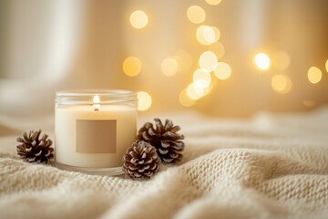 Mockup of a lit candle surrounded by pinecones on a soft beige fabric, warm cozy Christmas ambiance with bokeh lights, copy space, selective focus

