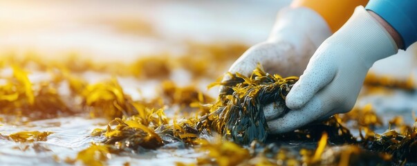 Close-up of seaweed being harvested for biofuel, sustainable ocean resources