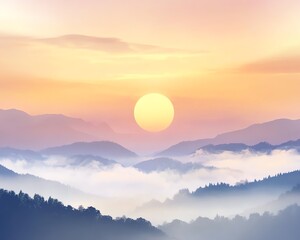 Fototapeta premium Sunset over misty mountains, serene view