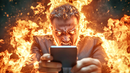 An angry businessman in a suit takes a selfie with a smartphone while engulfed in flames, captured from behind the device in a dramatic wide angle