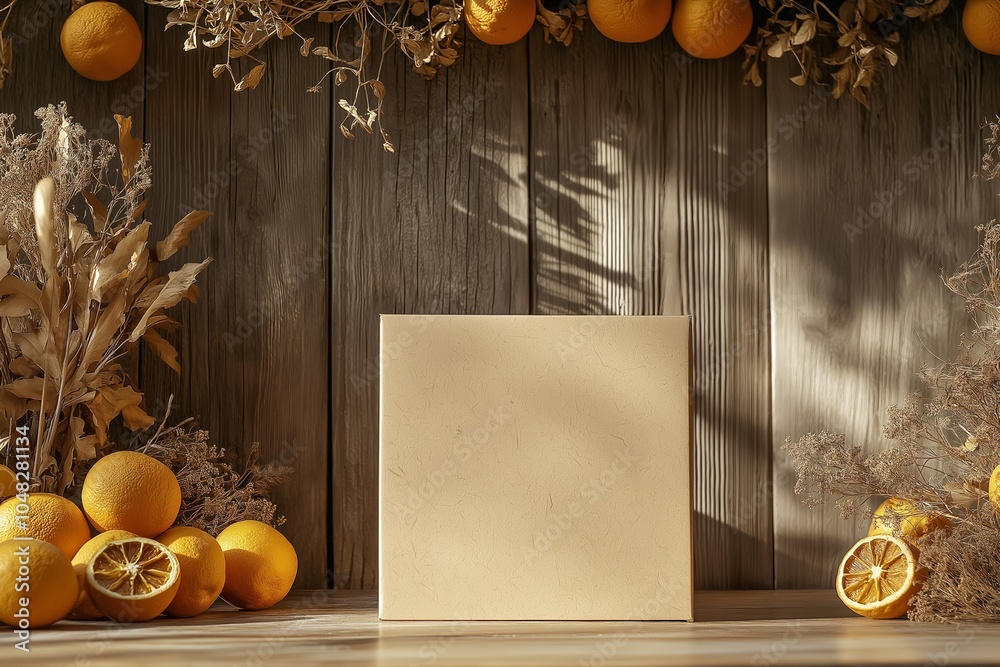 Poster Mockup of a blank square card surrounded by fresh oranges, dried slices, and rustic decor on wooden background, warm natural aesthetic, copy space, selective focus

