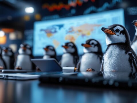Penguins, portrayed as intelligent beings, gather in a boardroom setting with a global map backdrop, humorously representing corporate culture with animated charm.