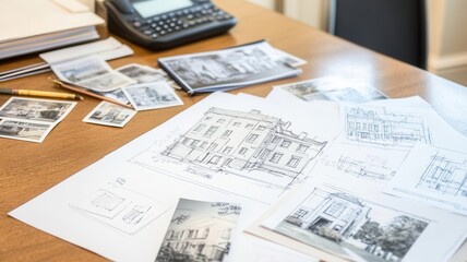 Client and architect discussing adaptive reuse of an old building, sketches and photos on desk