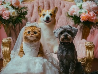 A cat and dog dressed up as a bride and groom sitting on a chair